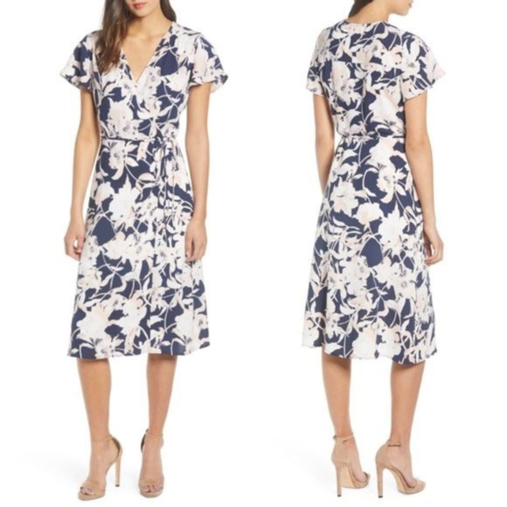 LEITH Navy Floral Wrap Dress
